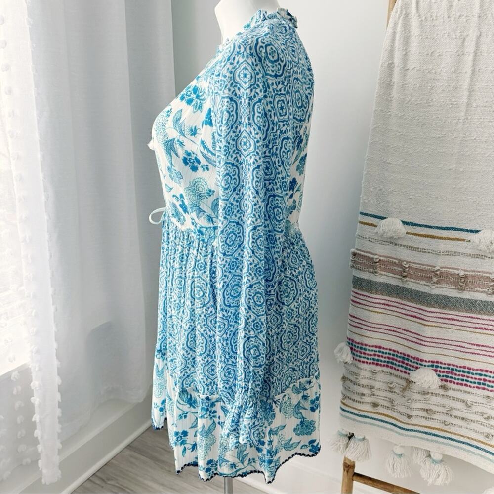 House of Harlow 1960 Blue White Printed Long Sleeves Mini Dress Women’s Large - Picture 3 of 8